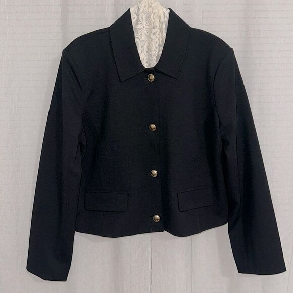 MK XL Black Gold Tone Buttons Collared Crop Professional Blazer Suit Jacket - Picture 1 of 12